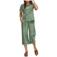 thumbnail image 2 of Summer Savings! Horkkom Womens Loungewear Set Summer Travel Vacation Outfits Linen Sets Crew Neck Short Sleeve Shirts Elastic Waist Capris Pants 2 Piece Sets Green S, 2 of 5