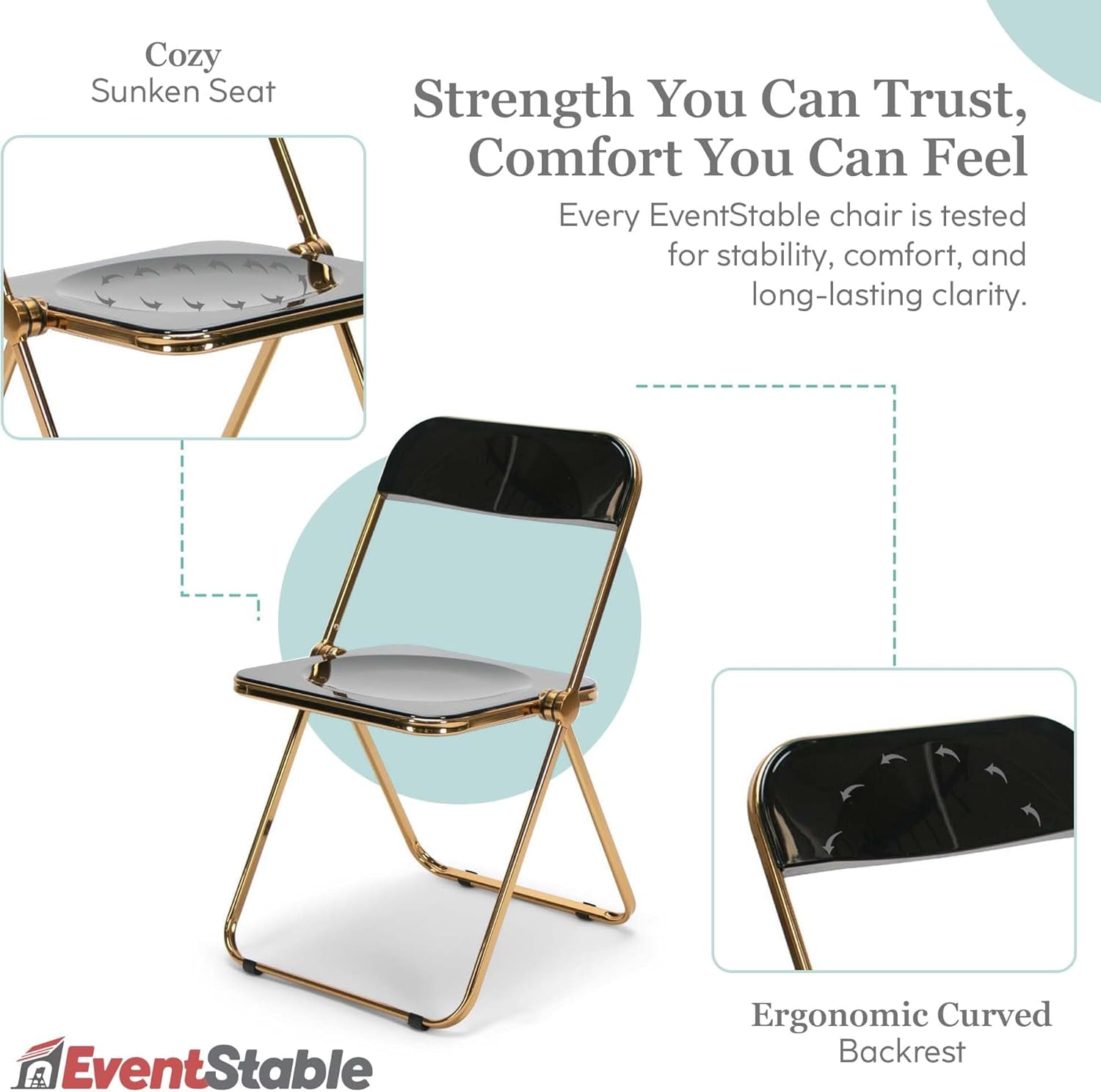 EventStable Clear Acrylic Folding Chair with Electroplate Gold Frame, Lightweight Portable Seating Stackable Comfortable Chair for Indoor Outdoor Dining, Events & Parties - Onyx - 4-Pack