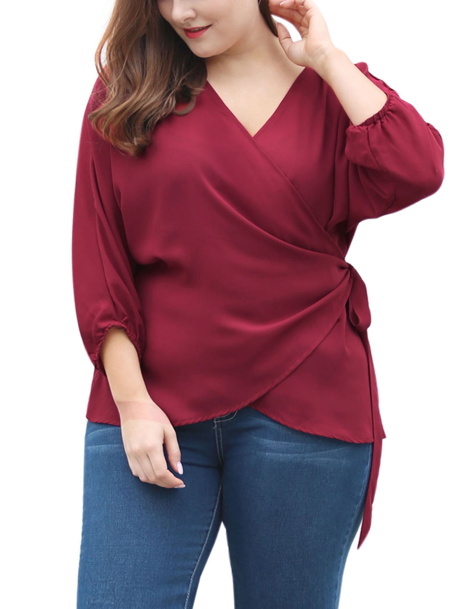 Women's Plus Size V Neck Batwing Sleeve Wrap Chiffon Blouse Walmart.com