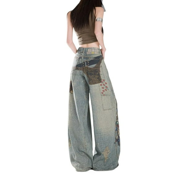 Women's Retro High-Waisted Printed Wide-Leg Jeans - Loose, Straight-Cut, Slim-Fitting, Draping, Floor-Length