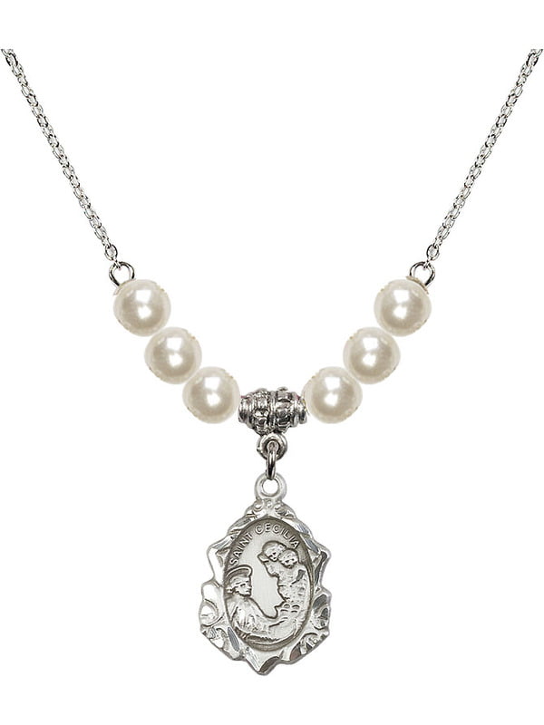 18-Inch Rhodium Plated Necklace with 4mm Faux-Pearl Beads and Sterling Silver Saint Cecilia Charm.