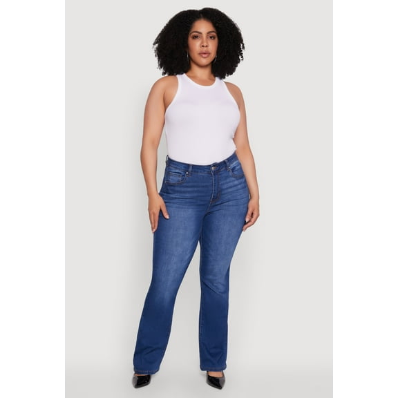 Womens Plus Size WAX High Waisted Whiskered Slim Flared Leg Jeans