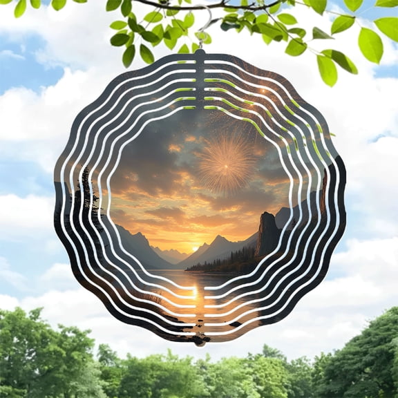 Serene Metal Hanging Wind Spinner with Sound Wave Design - Vibrant Sunset Colors & Festive Fireworks for Yard & Garden Decor