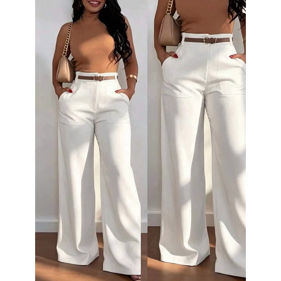 Women's High Waist Wide Leg Pants with Pockets and Belt for Fall Winter Office Commute Wear
