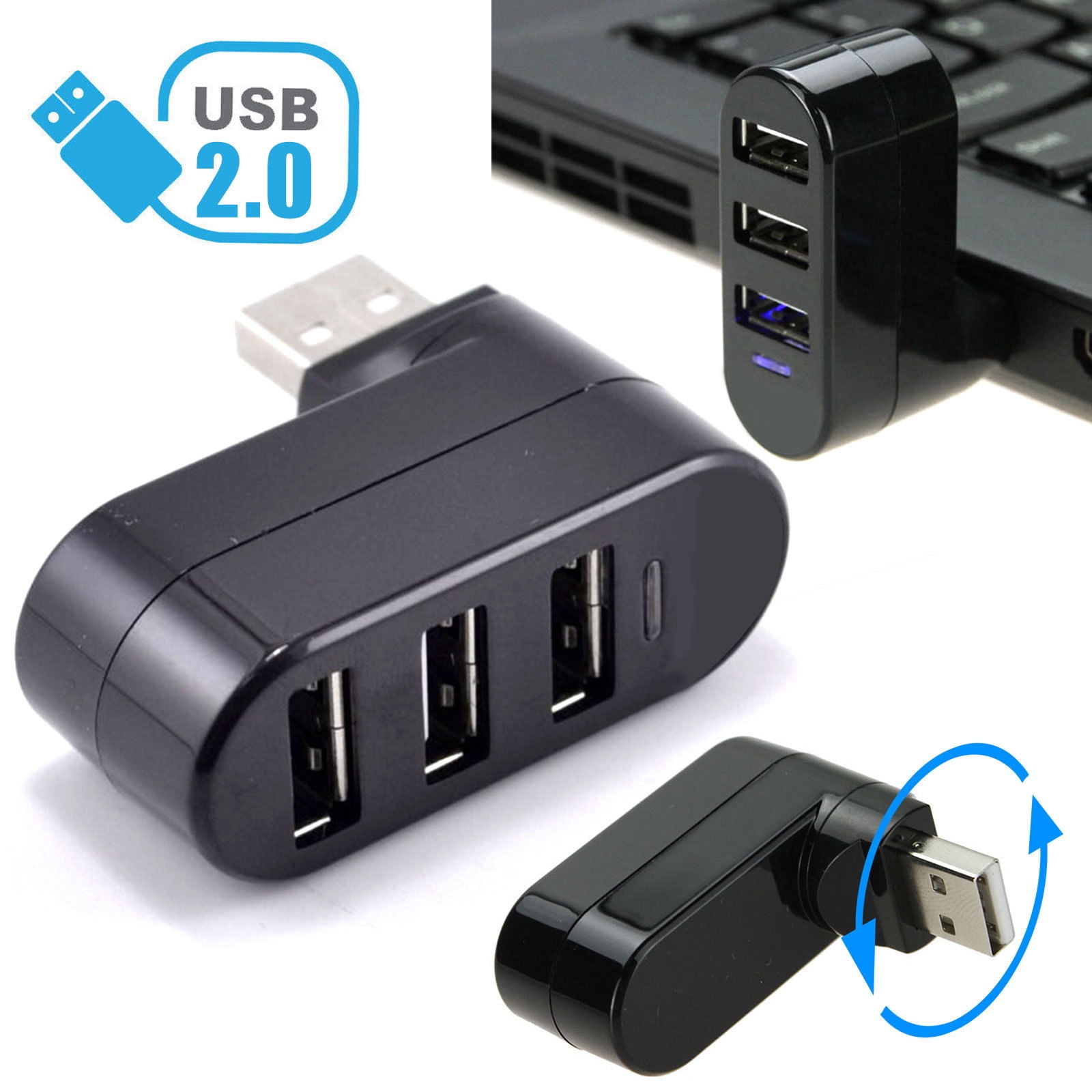 HOT 3 Port USB 2.0 Rotating Splitter Adapter Hub Mini For PC Laptop Notebook Mac