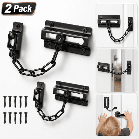 2 Pack Door Chain Lock Black, Security Door Chain for Inside Door, Premium Thickened Chain Door Lock with 12 Screws