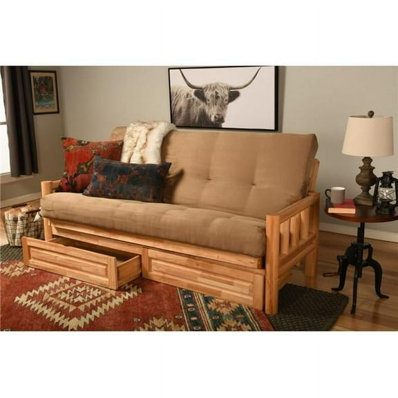 Lodge Natural Futon Frame with Suede Peat Mattress & Storage Drawers - Full Size