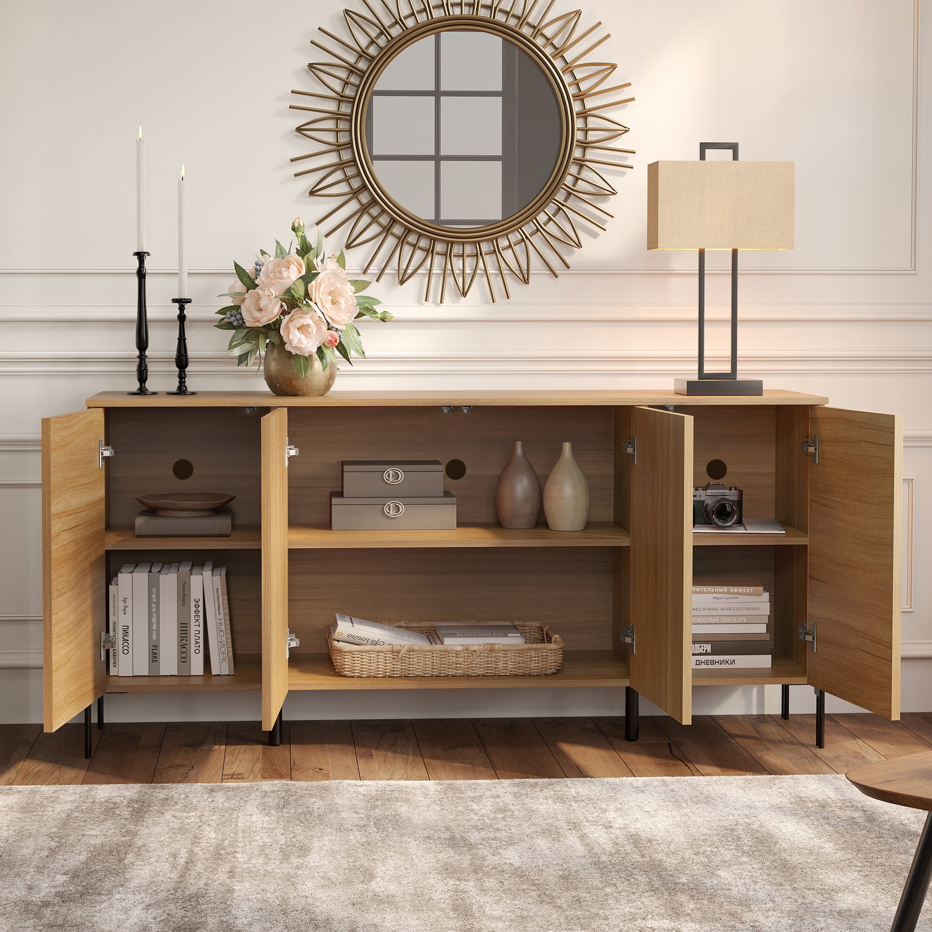 61" Minimalist 4-Door Sideboard With Rectangular Geometric Design And Double Chopstick Leg Base