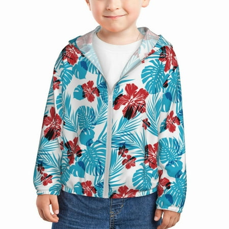 

Sun Hoodie for Kids Hawaiian Style Blue Leaves Long Sleeve Swim Fishing Shirts Sun Protection Zip Up Jacket Clothing Athletic Hoodie