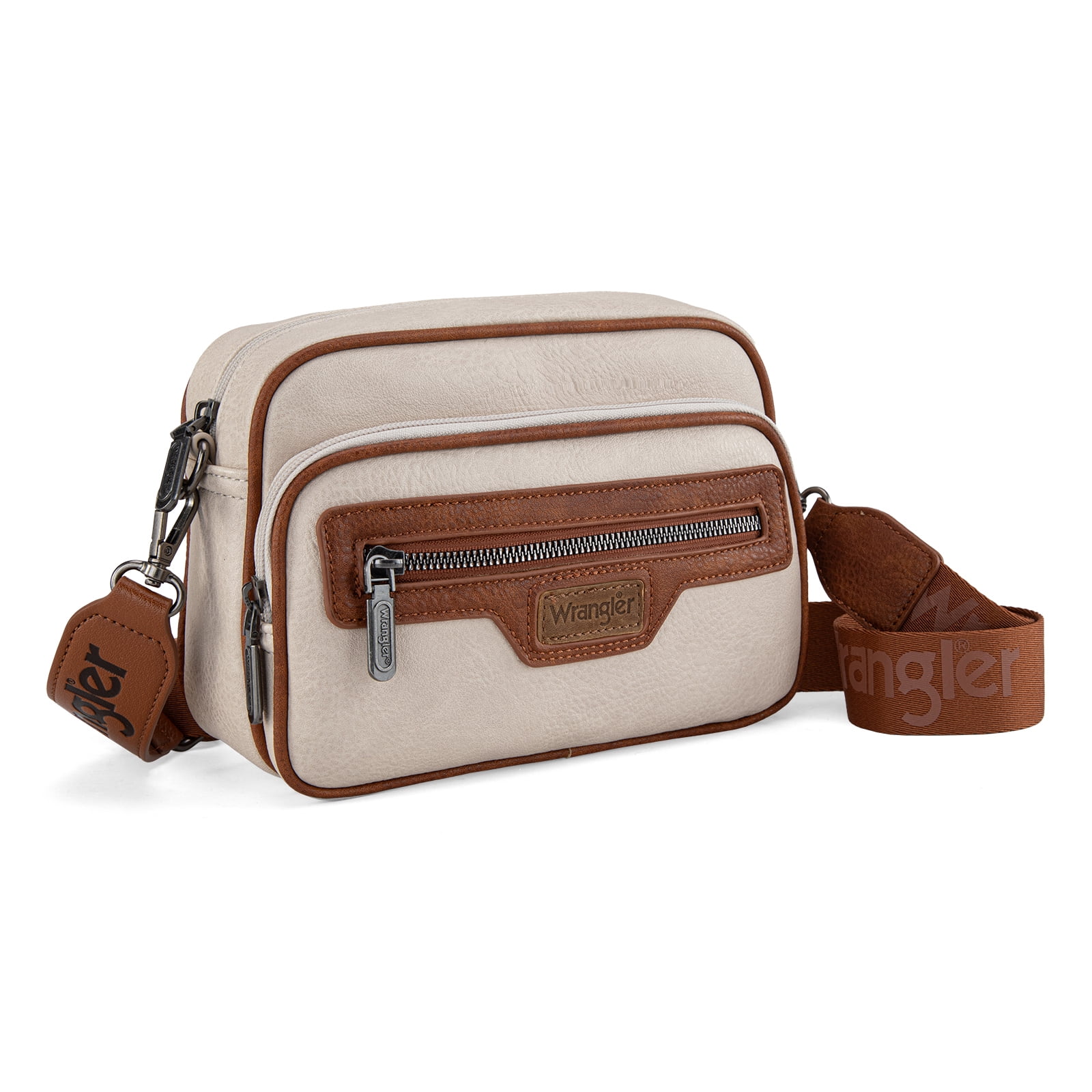 Wrangler Crossbody Bag for Women Multi Pocket Crossover Bag Shoulder Pursea with Adjustable Strap, Beige & Brown