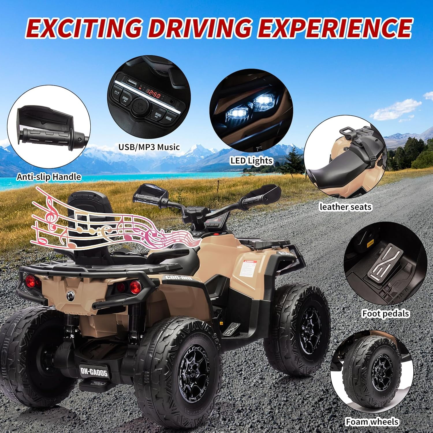 EastVita 2 Seater Ride On Car,24V Licensed Can-Am Electric ATV Car for Kids, 4 Wheeler Electric Toy Car with Bluetooth,Led,Leather Seaters,5 Mph Max Speed