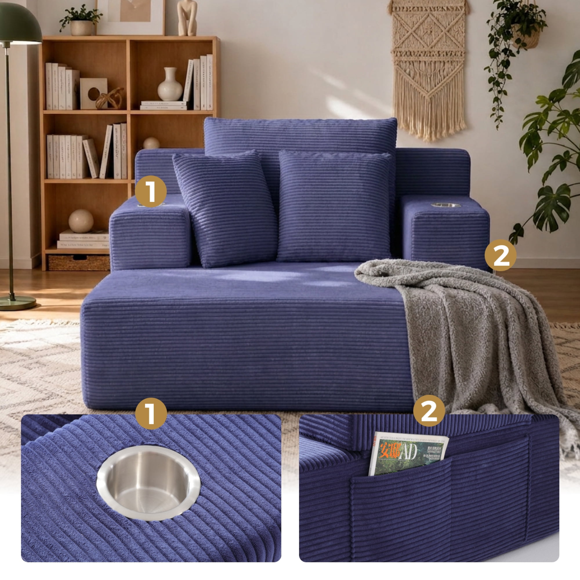 Leumius 70.8'' Oversized Chaise Lounge Chair Indoor,Plush Corduroy Upholstered Cloud Sofa Bed for Living Room,No Assembly Required,Blue