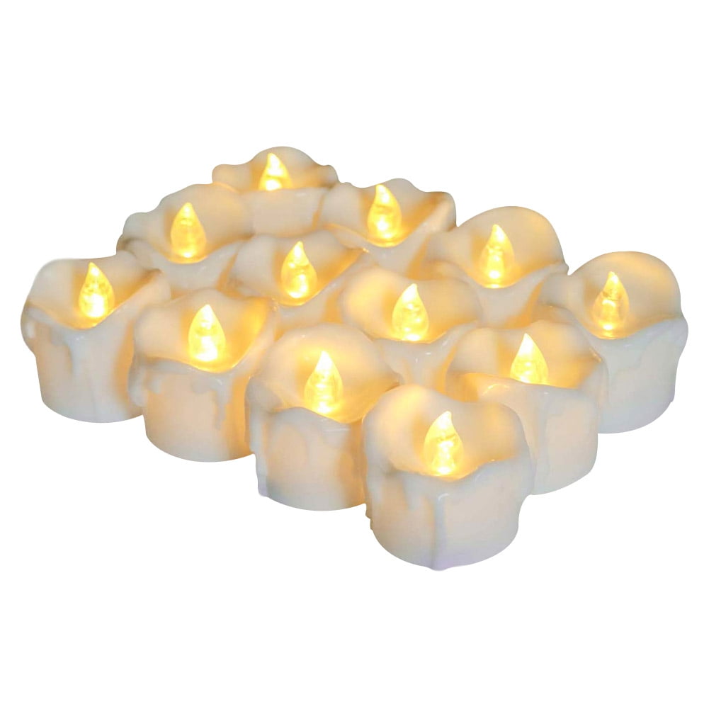 12PCS Flickering Flameless Candles Battery Operated Led Tea Lights Warm White Warm White Light Wax Dripped Tealights for Halloween Christmas Window Indoor Decorations