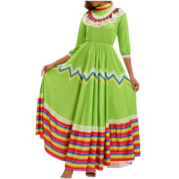 Mexican Folk Dance Dress for Women Traditional Floral Embroidered Fiesta Dress Cultural Ballet Folklorico Outfit