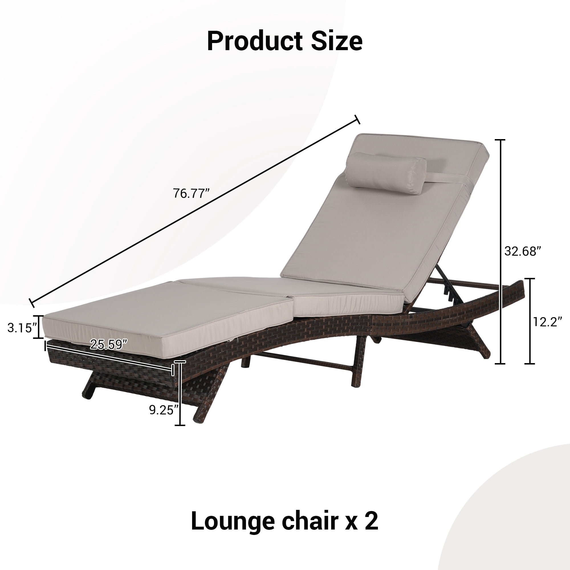 Leumius Outdoor Chaise Lounge Chair Set of 2,Wicker Long Reclining Chair with Cushions and Backrest Adjustable to 150° for Outside Pool Patio,Light Gray