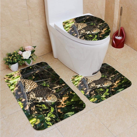GOHAO Jaguar in Peruvian Amazon Jungle Madre de Dios Peru 3 Piece Bathroom Rugs Set Bath Rug Contour Mat and Toilet Lid Cover