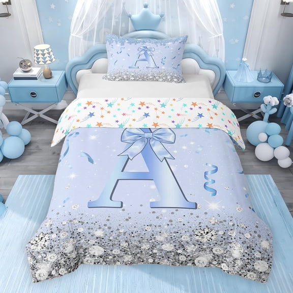 Erosebridal Blue Sparkle Sequins Print Twin Bedding for Girls, Monogrammed A Duvet Cover Set, Colorful Stars Reversible 2-Piece, 1 Duvet Cover and 1 Pillowcase (No Comforter)