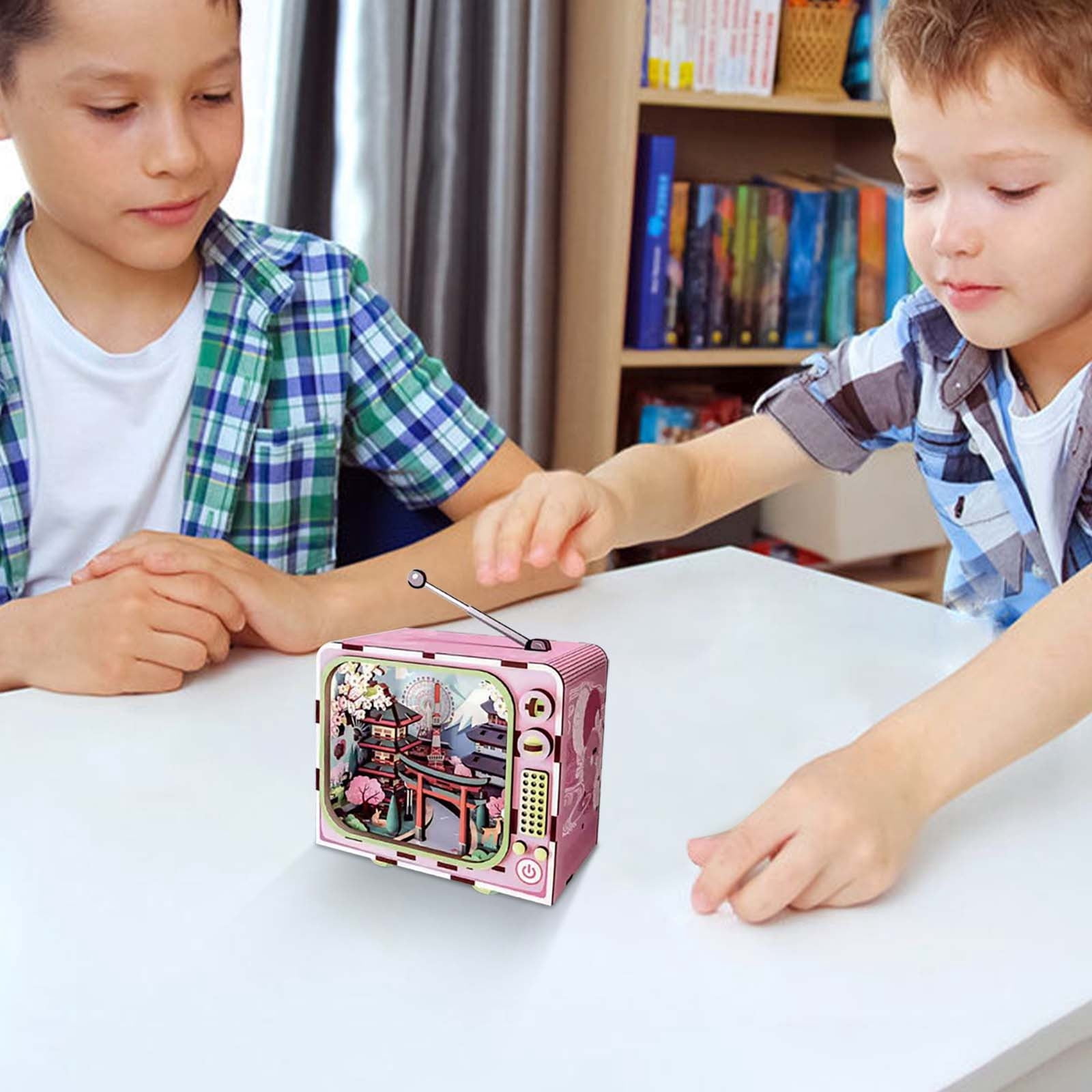 3D Wooden Puzzle TV Building Model, City Theme Architectural Toy with LED Light, Assembly Building Blocks Kit for Teens Adults, Educational Home Decor Gift