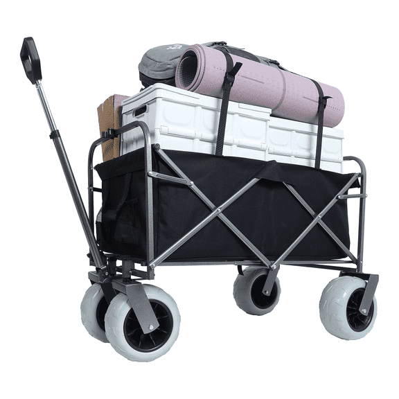 Hassch Collapsible Folding Wagon with Cooler Bag and All Terrain Wheels, 500 lbs Heavy Duty Beach Wagon, Foldable Utility Cart for Sand Camping Sports Shopping, Black