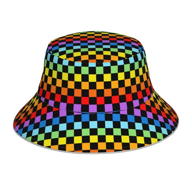 Fotbe Rainbow Chequerboard Sombrero Tipo Pescador con Estampado – Sombrero de Sol de Algodón de Moda para Playa, Golf, Pesca
