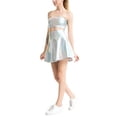 thumbnail image 2 of Women Club Half Mini Skirt Solid Color Reflective High Waist Thigh Pleated Skirt for Pub Party, 2 of 7