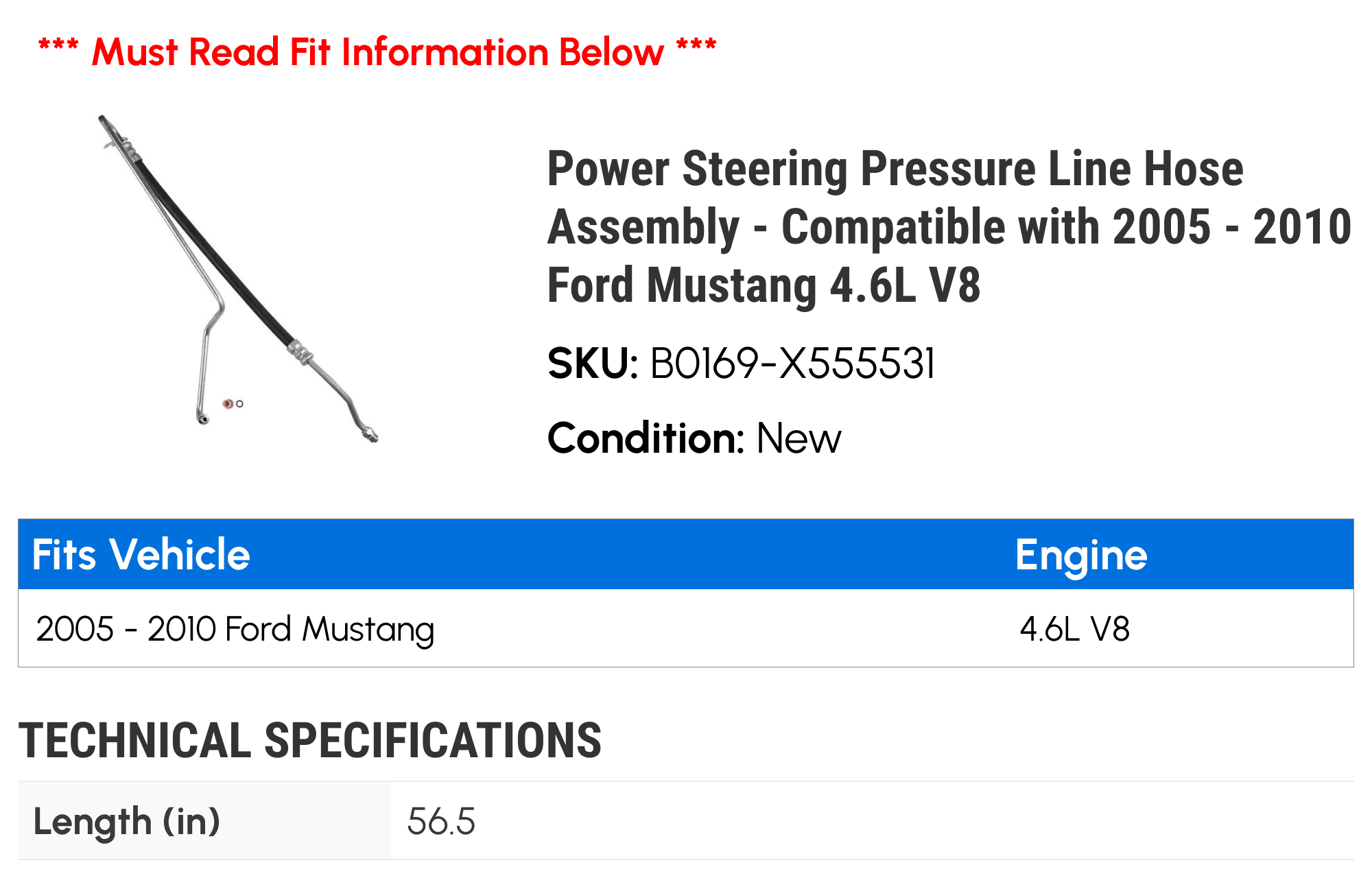 Power Steering Pressure Line Hose Assembly - Compatible with 2005 - 2010 Ford Mustang 4.6L V8 2006 2007 2008 2009