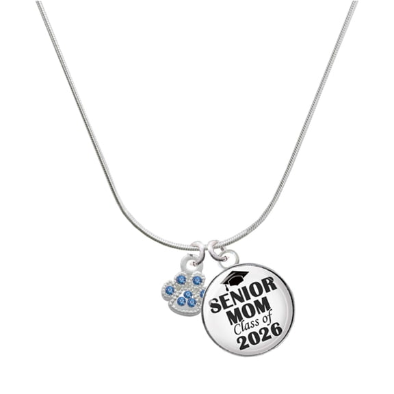 Delight Jewelry Silver-tone Mini Paw with Blue Crystals - Silvertone Senior Mom Class of 2026 Dome Necklace, 18"