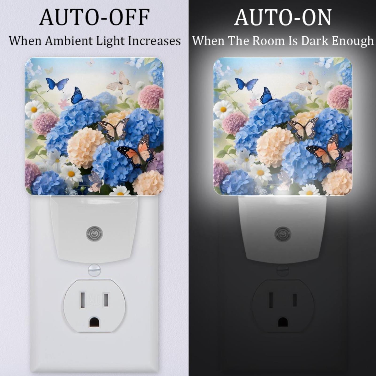 PhooArto Daisies Floral and Hydrangeas Butterflies Plug in LED Night Light Auto Sensor Dusk to Dawn Decorative Night for Bedroom, Bathroom, Kitchen, Hallway, Stairs, Baby's Room, Energy Saving