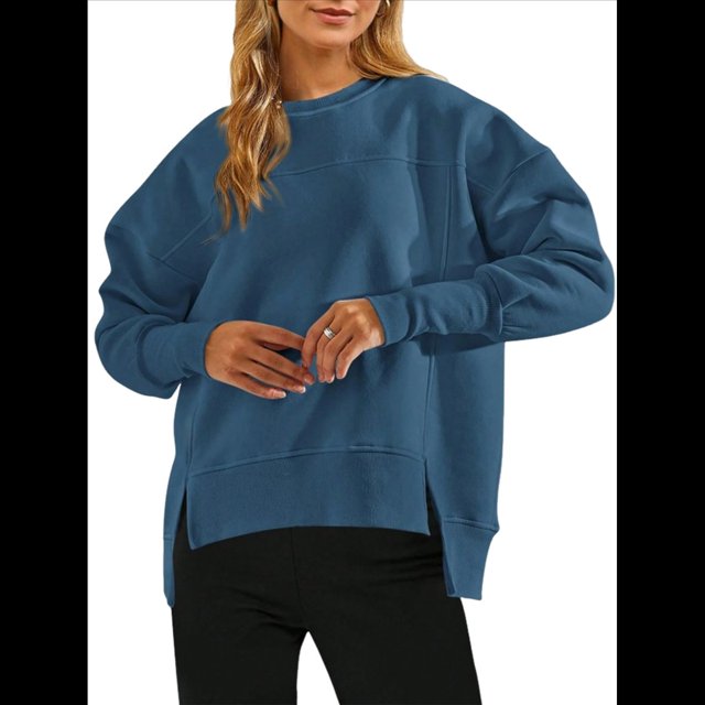 Sudadera Informal de Cuello Redondo para Mujer, -Otoño 2025, Larga, Abertura Lateral, Sudadera para Hacer Ejercicio. Azul Oscuro L