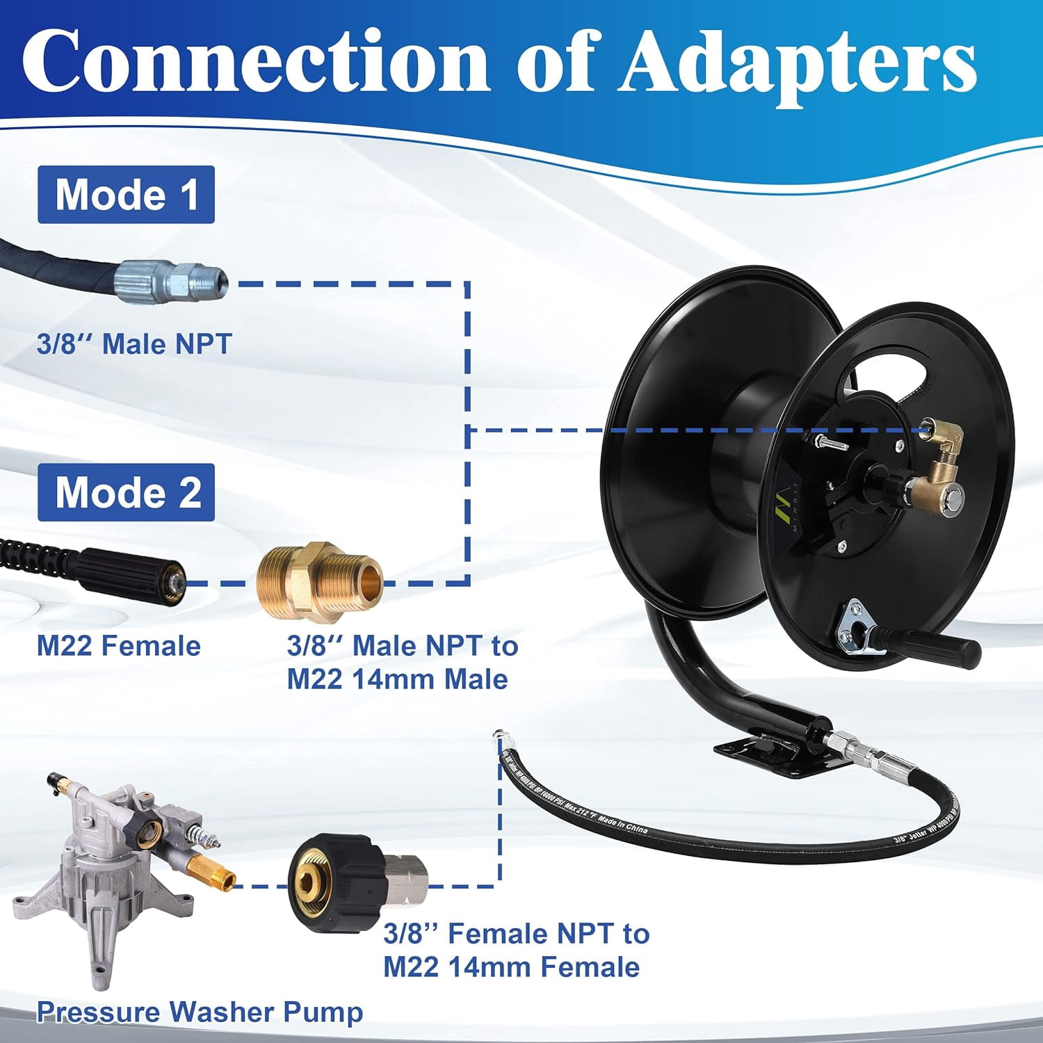 M MINGLE Pressure Washer Hose Reel 100ft, Heavy Duty Steel Hose Reel, Manual Crank Power Washer Hose Reel with Swivel Arm, 3/8" NPT Outlet Pipe, 4000 PSI
