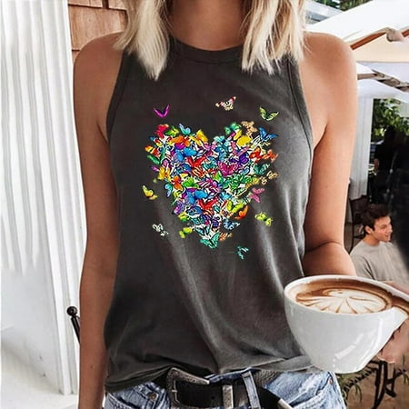 

Graphic Tank Tops for Women Funny Cow Heart and Butterfly Shirt Summer Sleeveless Graphic T Shirts