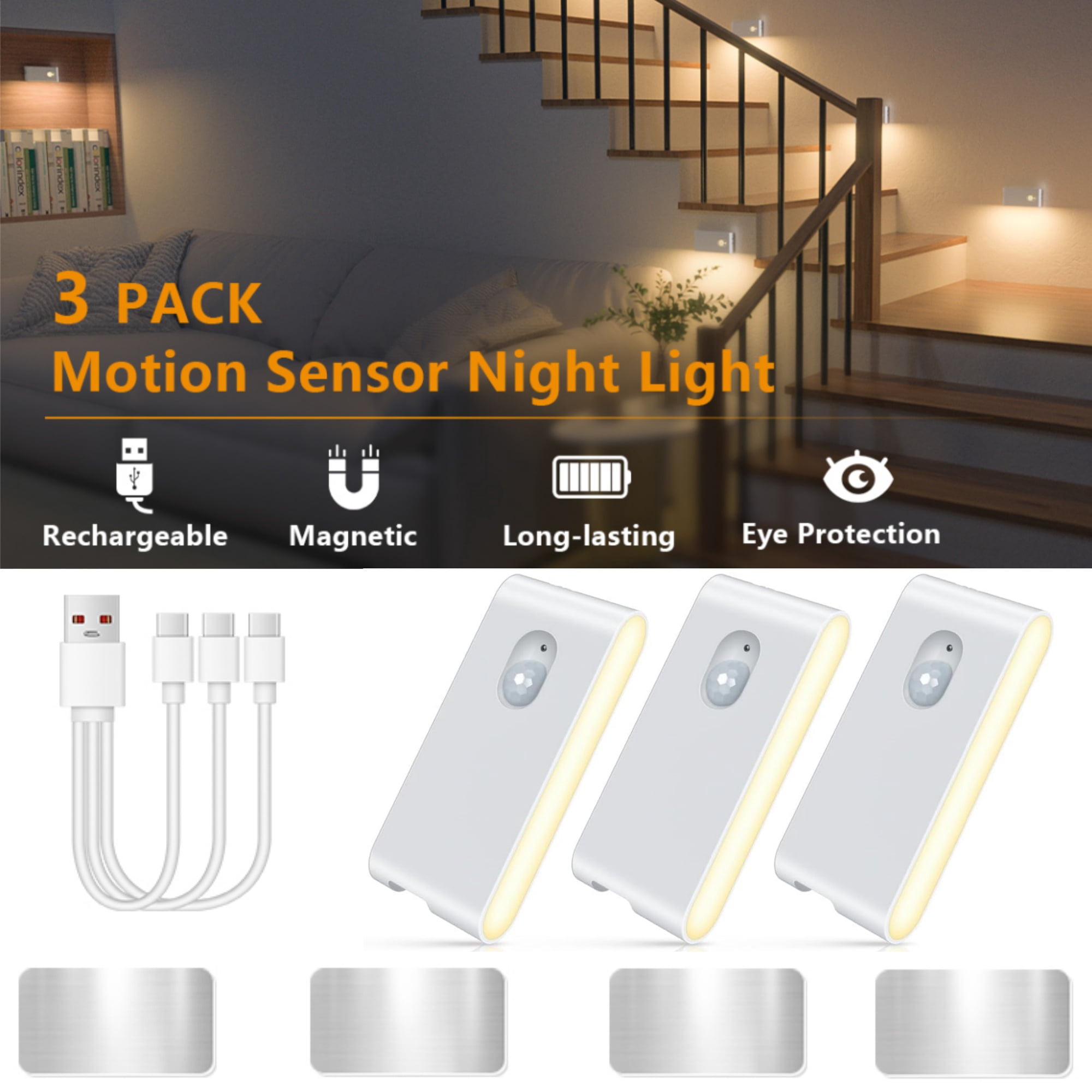 WILLED Rechargeable Motion Sensor Night Lights, Battery Operated Stair Lights Indoor, Soft Warm White Stick on Motion Activated LED Night Lights for Hallway Stairway Bathroom Bedroom Kitchen, 3 Pack