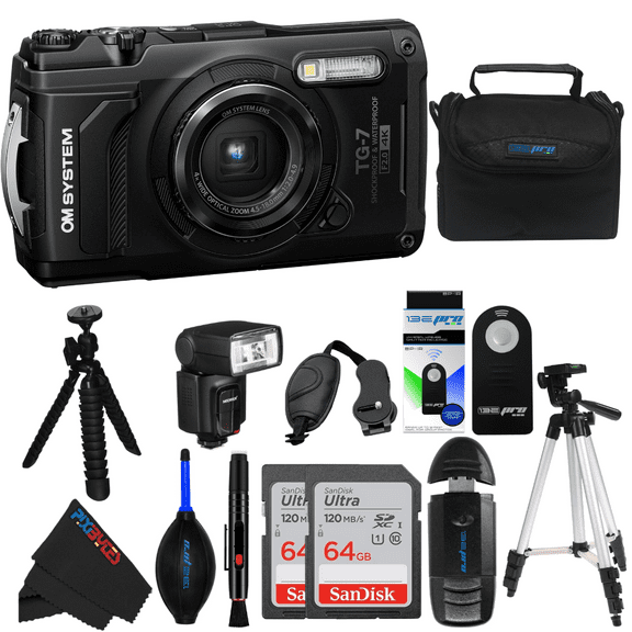 OM SYSTEM Tough TG-7 Digital Camera (Black) - PixiBytes Deluxe Bundle