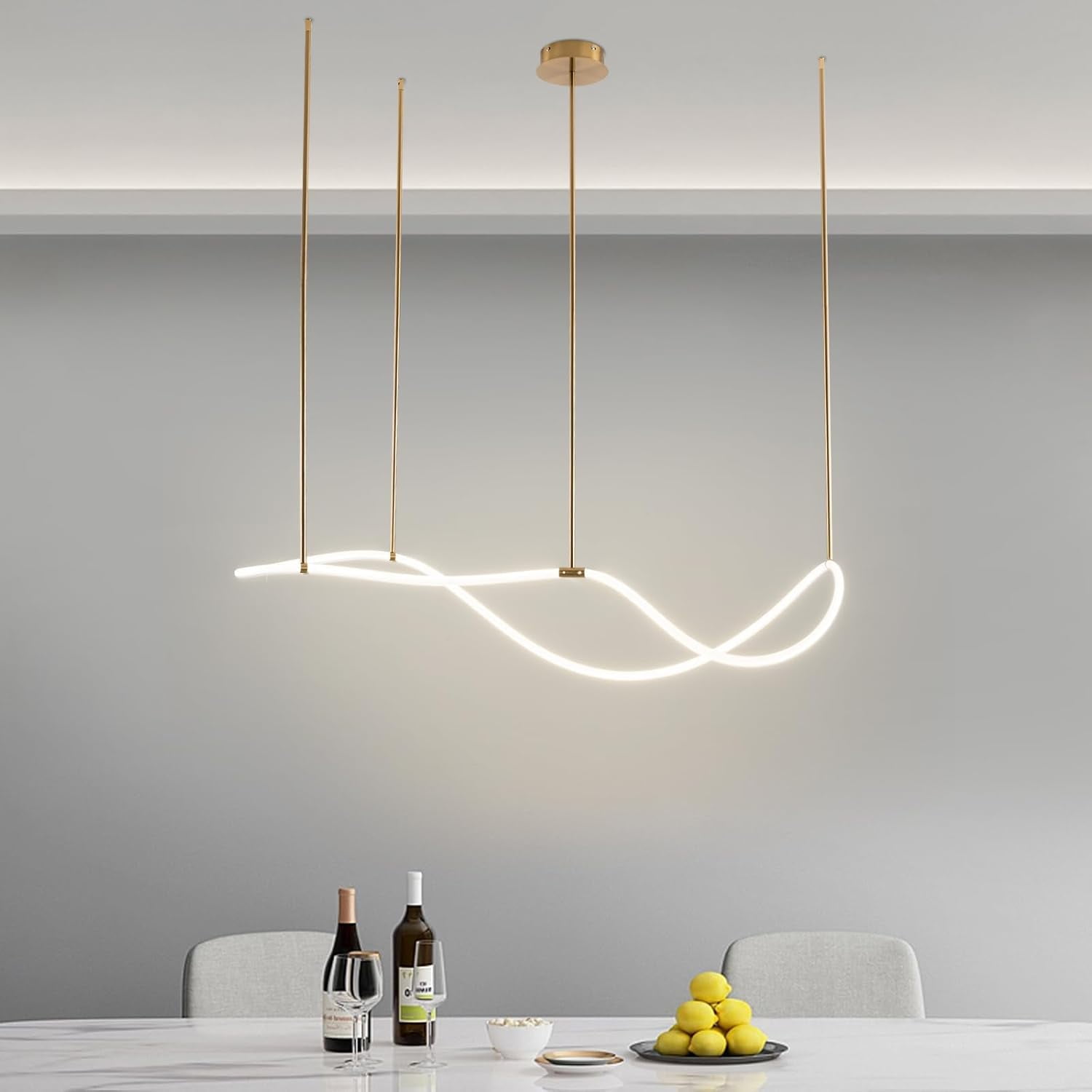 LED Modern Music Symbol Pendant Light, 4500K Acrylic Linear Adjustable Height Chandeliers Ceiling Mount Lighting Fixture for Dining Room Living Room Bedroom