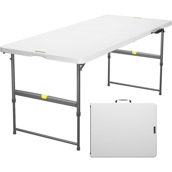 6ft Portable Folding Table, 3 Heights, One-Handed Height Adjustment, Gravity Lock, Carry Handle, Indoor Outdoor Heavy Duty Fold-in-Half Utility Table, Party, Granite White Zeta X6 Pro