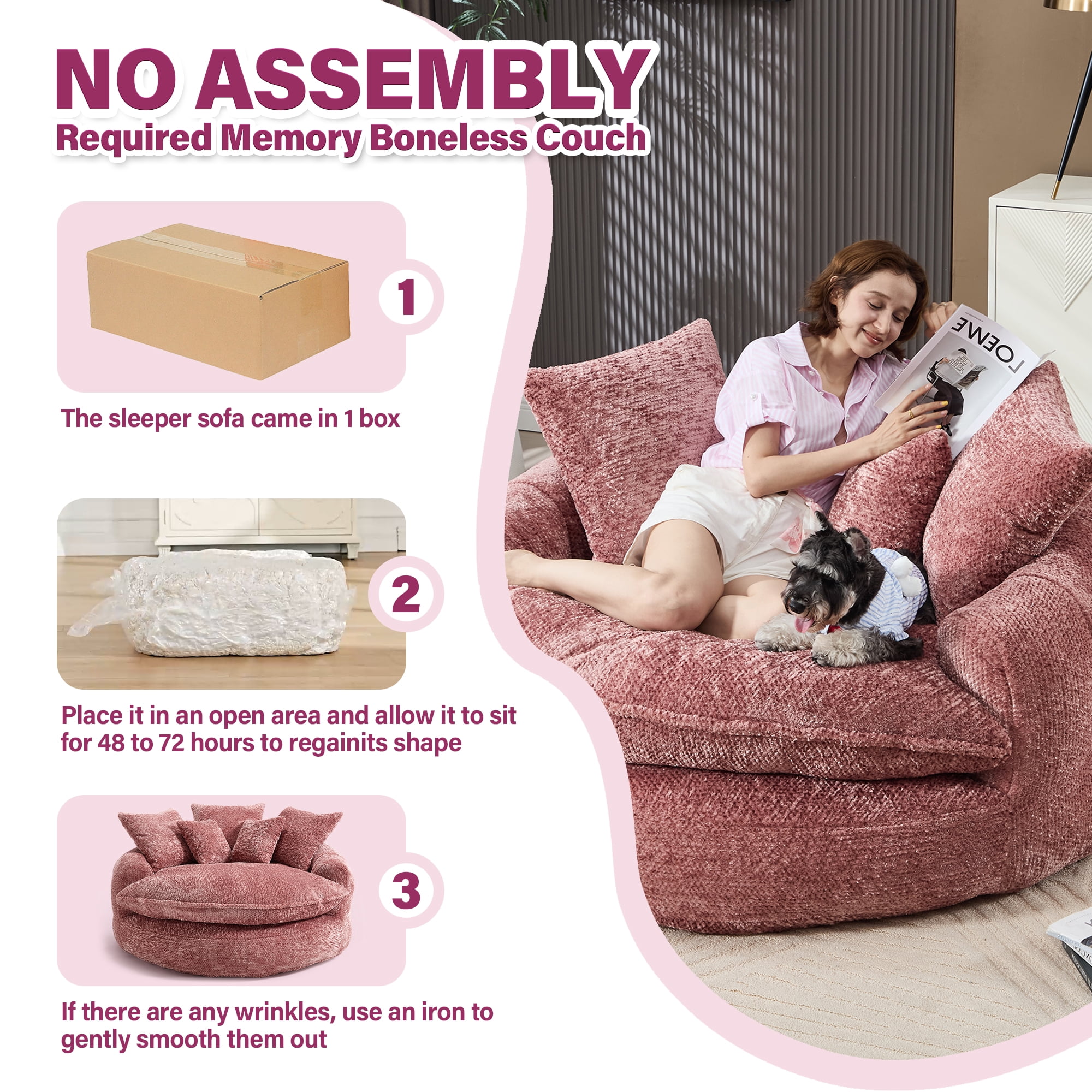 Aukfa 55" Oversized Round Chaise Lounge Chair, Fluffy Deep Seat Cloud Floor Sofa, Modern No Assembly Couch, Pink