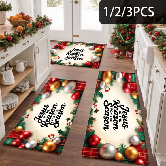 3PCS Kitchen Mat set, Welcome Door Flannel Rug,Home Decor for Front Door,Kitchen, Bathroom, Jesus Reason For The Season ,Great Christmas Housewarming gift for Family and Friends.