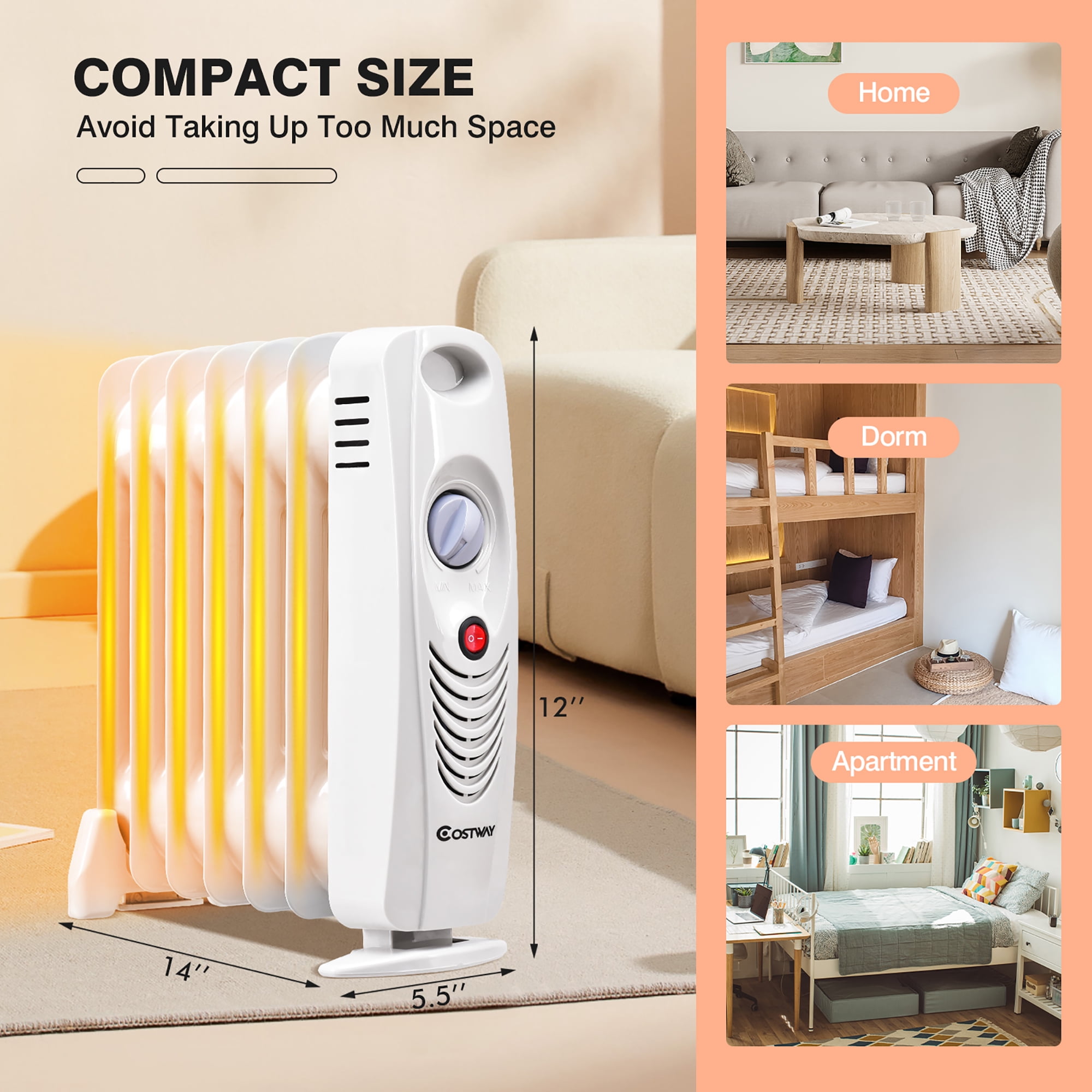 Costway 700 W Portable Mini Electric Oil Filled Radiator Heater 7-Fin  Thermostat Home 
