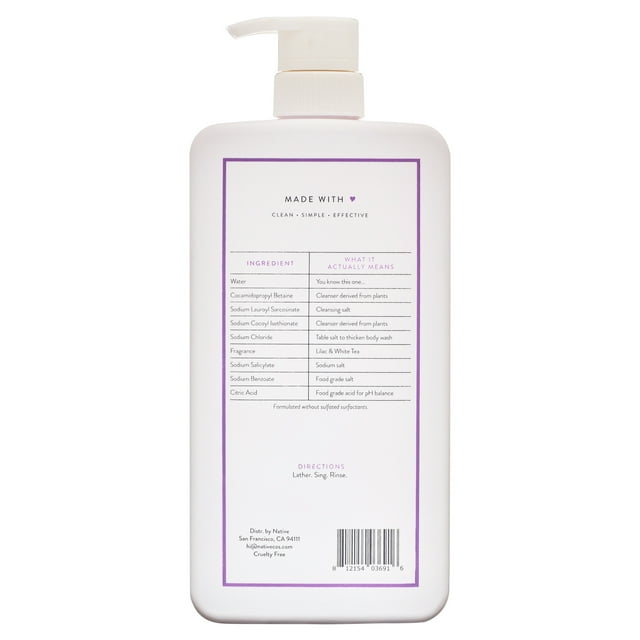 Native Body Wash Pump, Lilac & White Tea, Sulfate Free, Paraben Free, for Men and Women, 36 oz