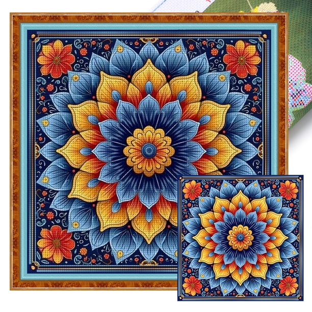Kit Punto Cruz Con Mandala Impreso Hilo Algodón Ecológico Bordado 11CT 50x50cm