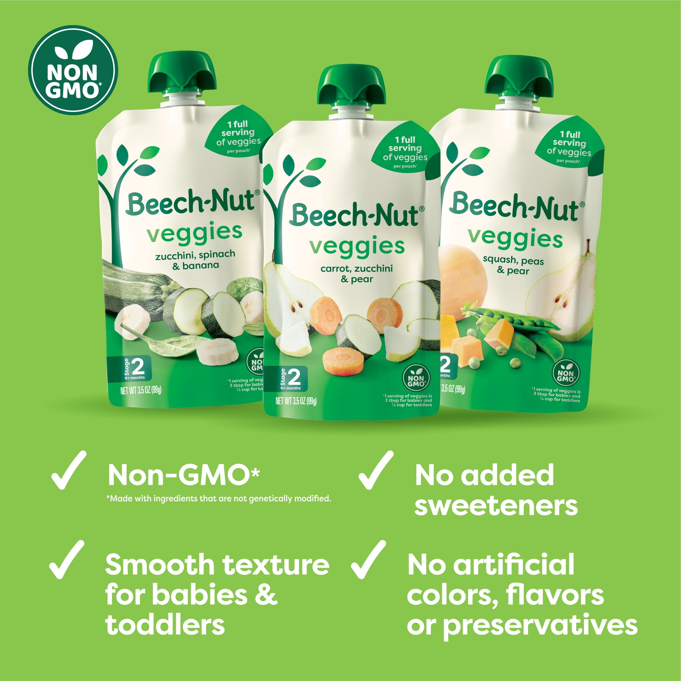 Beech-Nut Veggies Stage 2 Baby Food Pouch Variety Pack, Vegetable & Fruit Puree Pouches, 3.5 oz Pouch (9 Pack)