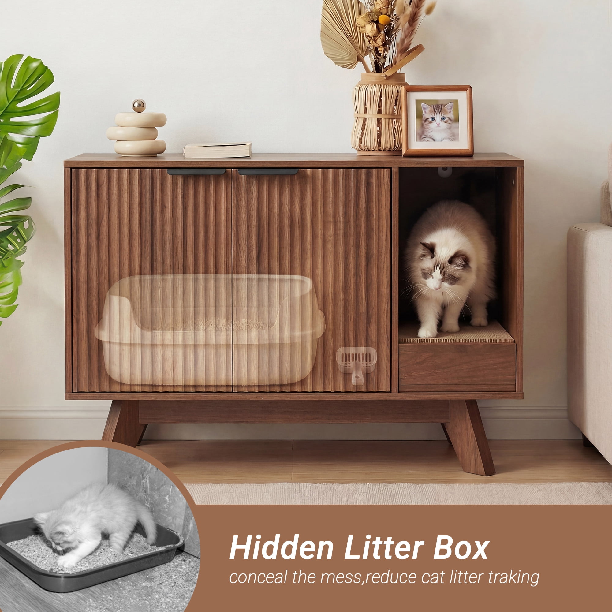 Innovar Modern Cat Litter Box Enclosure - 31.5" Hidden Cat Litter Box Furniture for 2 Cats, Indoors Cats Washroom Cabinet with Divider & Scratching Pad for Most Cat Litter Box,Walnut