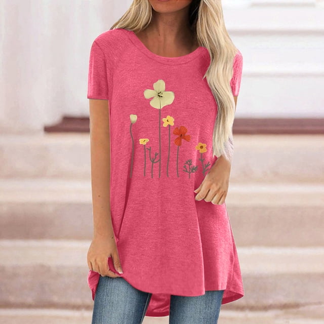 EGNMCR T-Shirts pour Femmes Femmes Mode Décontractée Imprimé Manches Courtes T-Shirt Ample Hauts Tunique Blouse