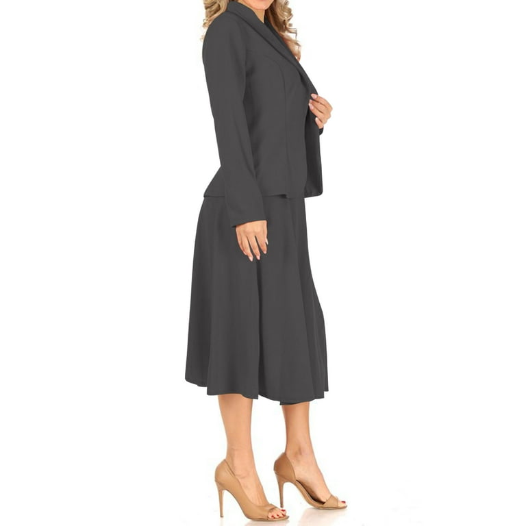 Moa Collection Women's Two Piece Lightweight Solid Long Sleeve Casual  Blazer Relaxed A-Line Midi Skirt