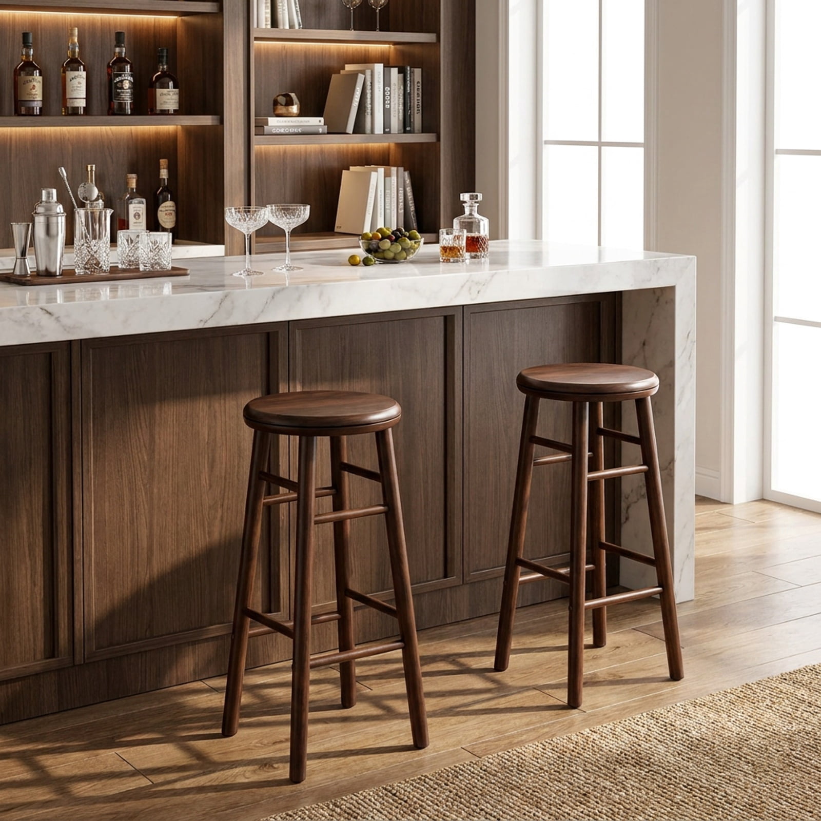 Furnibear 29" Swivel Bar Stools Set of 2 with Footrests & Crossbars for Kitchen Island Counter Bar Pub Dining Home, Walnut
