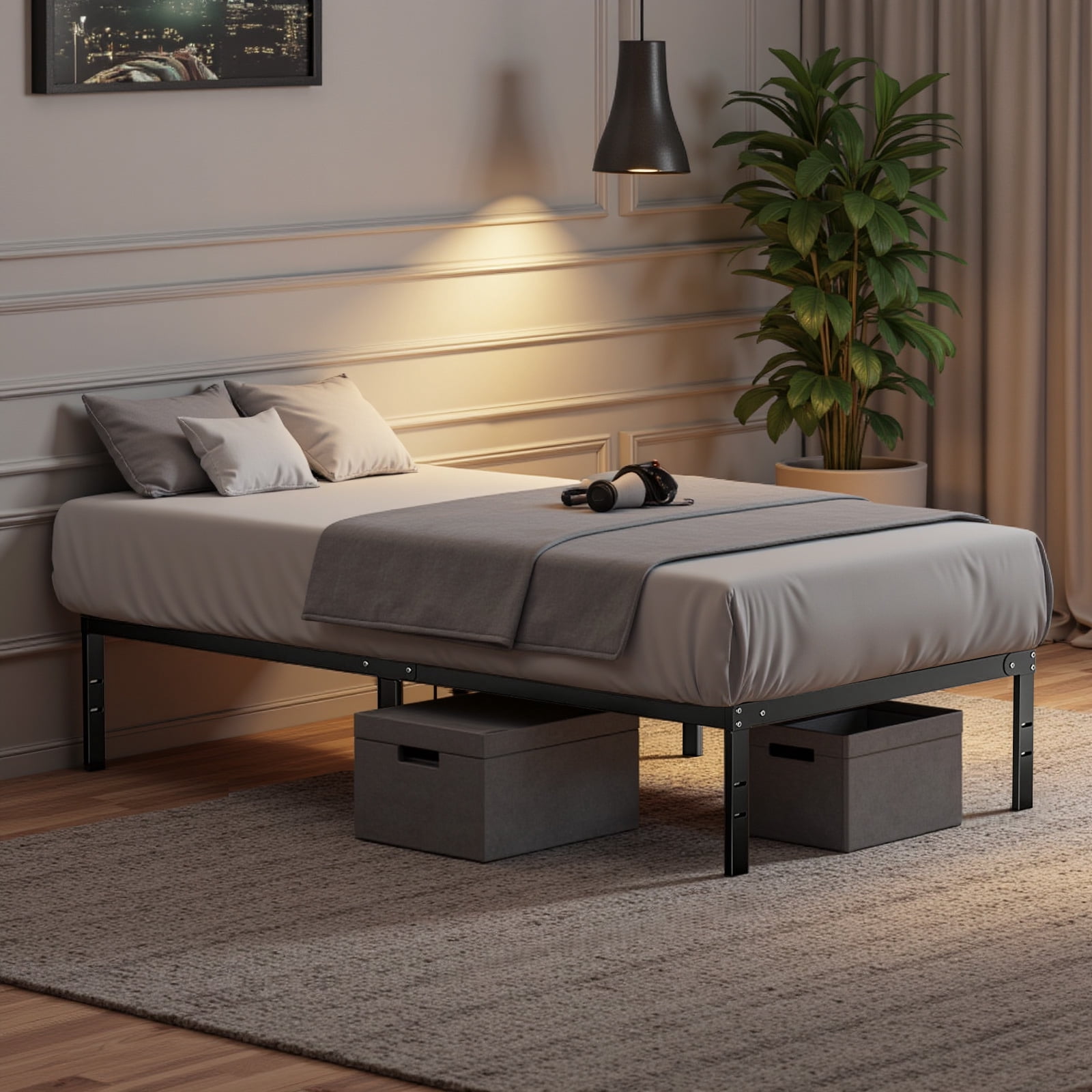 Taoset 14 inch High Heavy Duty Steel Bed Frame with Storage - Twin, No Box Spring Needed, Easy Assembly
