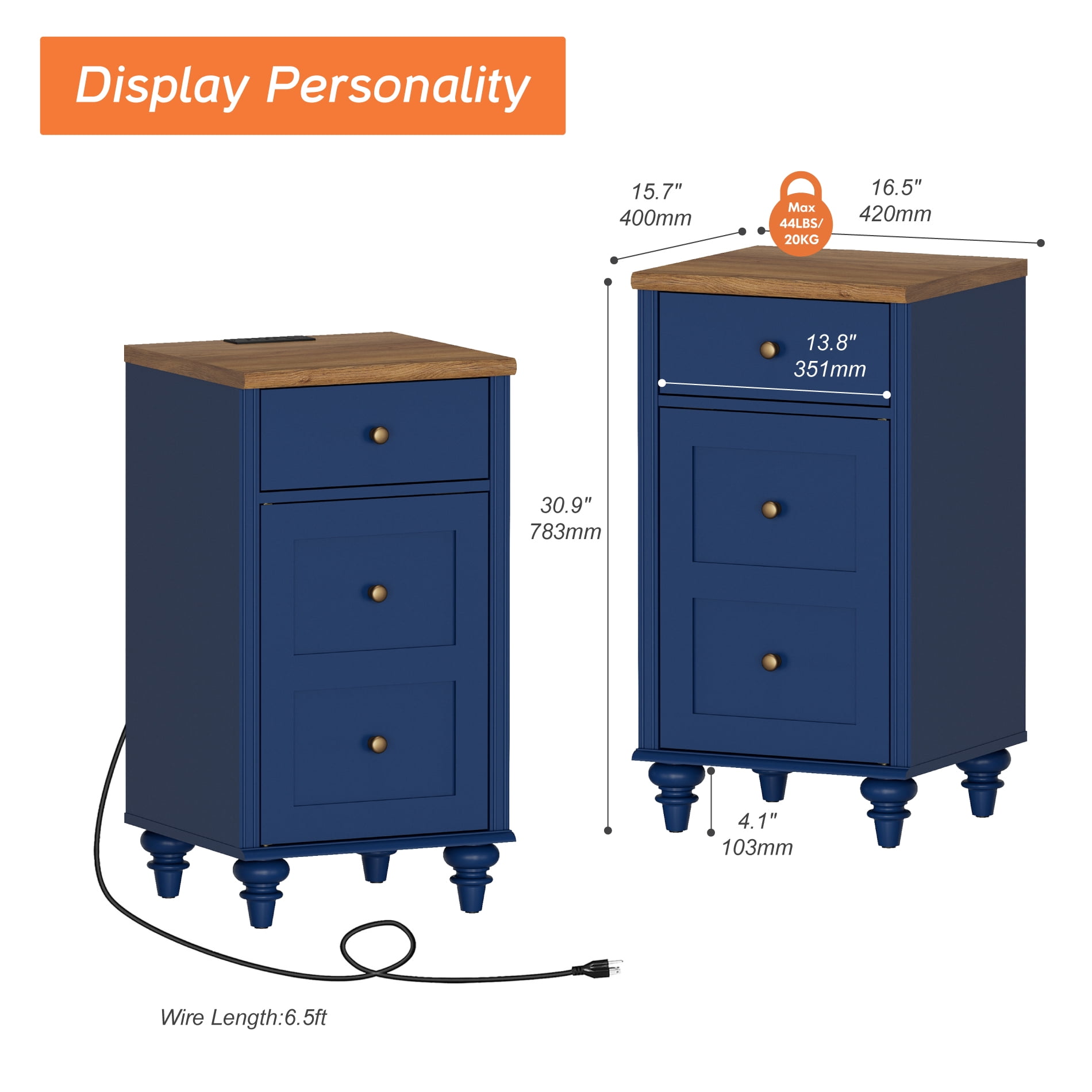 End Table with Charging Station, Nightstand with Power Outlets & USB Ports, Navy Blue, 2 PCS