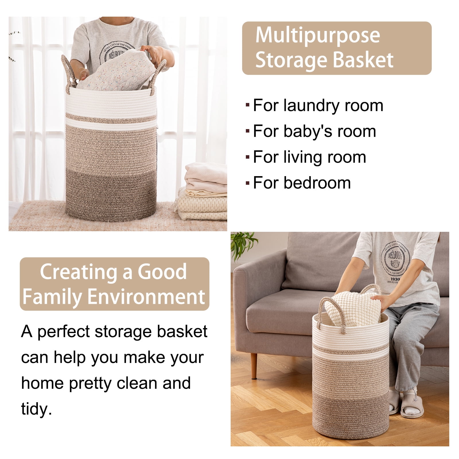 Cherishgard Laundry Hamper?Woven Cotton Rope Laundry Hamper with Handles for Blanket, Toys