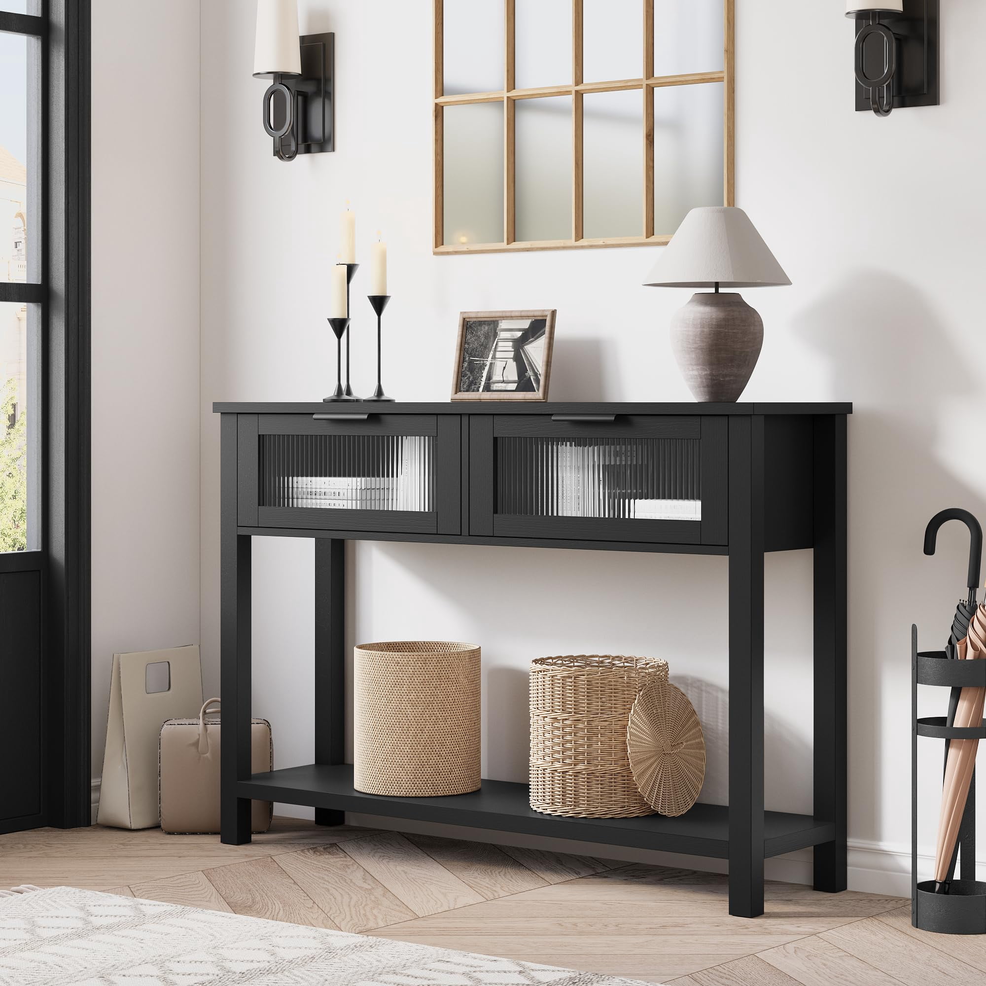 PYY Modern Black Wood Console Table with Glass Drawers – 2-Tier Narrow Sofa Side Table, Storage Shelf for Entryway, Hallway, Living Room, Home Office, Farmhouse Style – Black