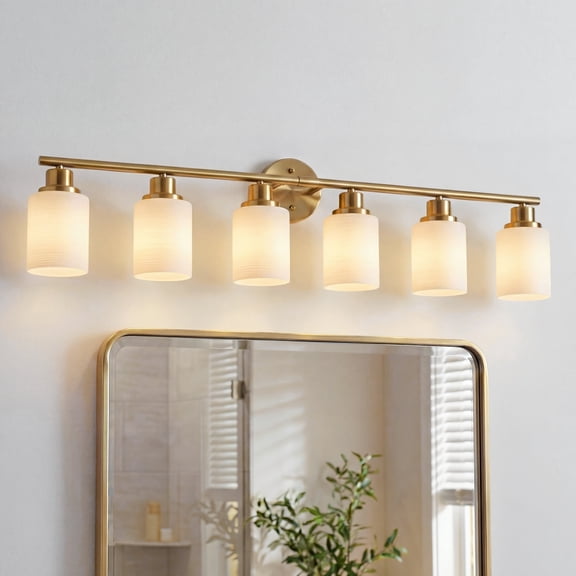 39" Modern Gold Vanity Light, 6-Light Bathroom Wall Sconce with Frosted Glass Shades, Wall Mount Lighting for Mirror or Hallway (No Bulbs)